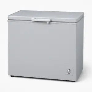 Light gray standalone chest freezer with top-opening lid and temperature control panel