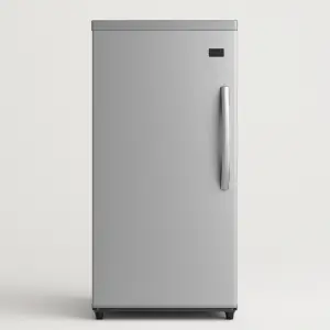 Modern single-door refrigerator with stainless steel handle and minimalist design