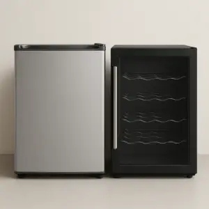Compact bar fridge and wine cooler side by side with modern finishes